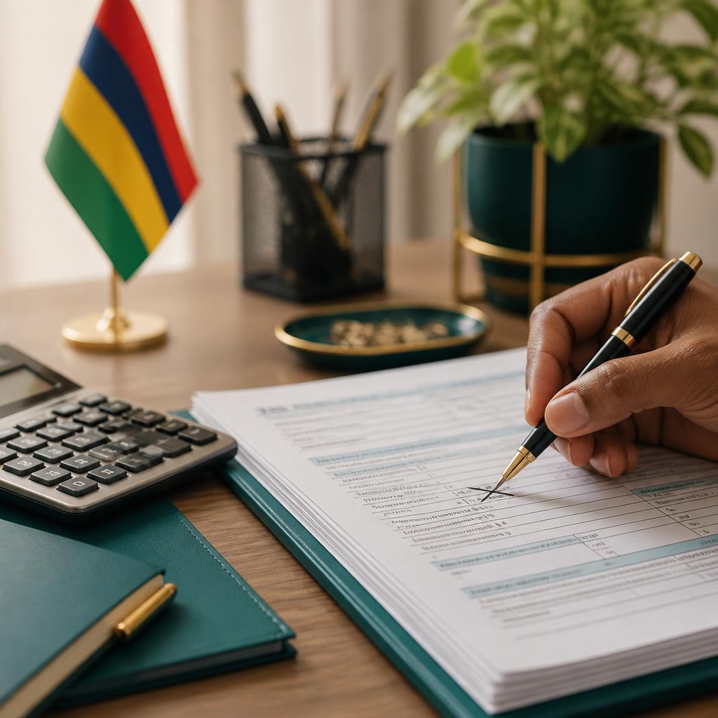 Accountant reviewing a Mauritius tax return with calculator, illustrating common MRA filing mistakes