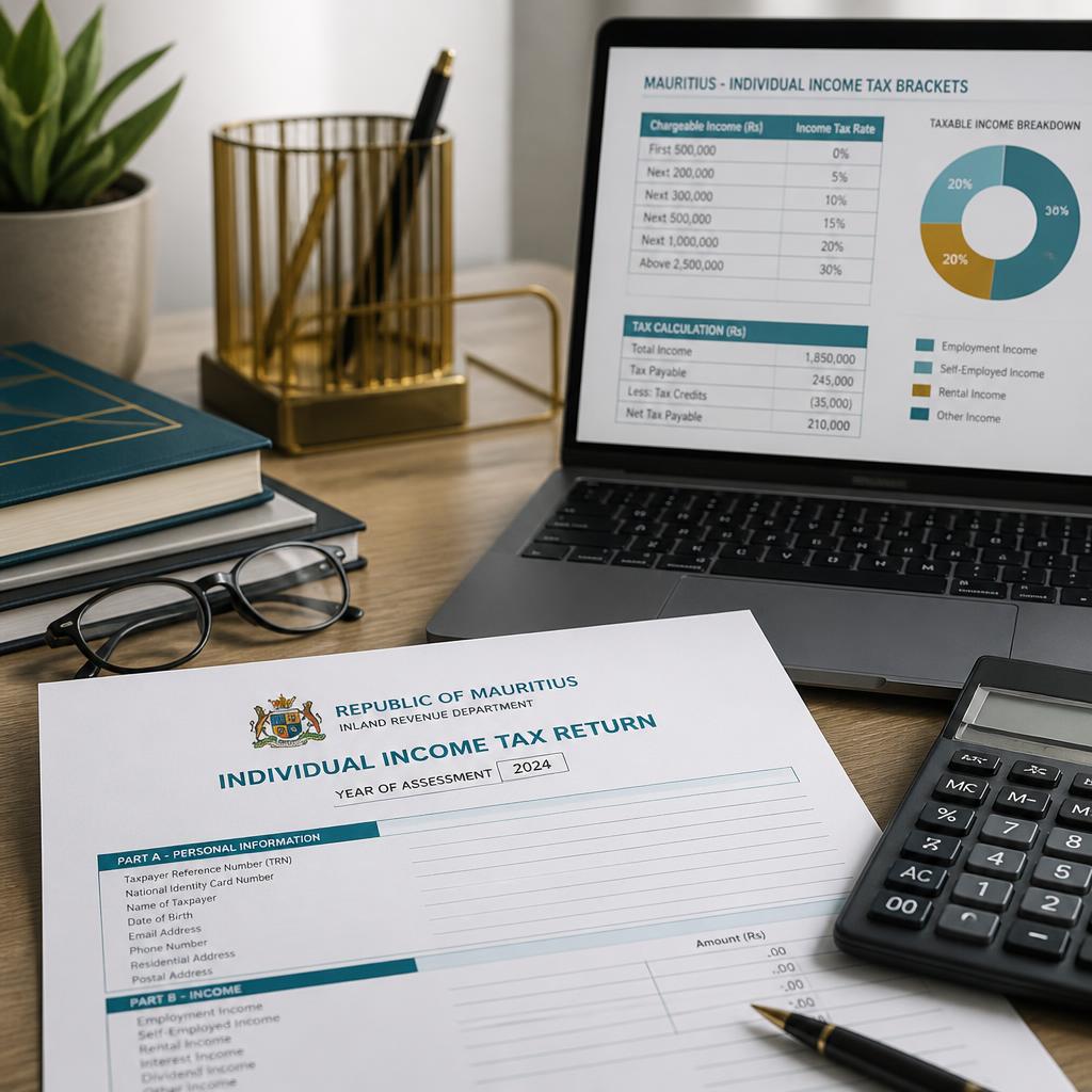 Mauritius Individual Income Tax Return with laptop showing 2025/2026 MRA tax brackets and calculator